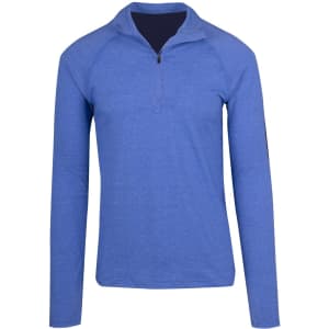 A blue half zip mock neck jumper with long sleeves and a subtle branding logo.