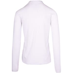 A white half zip mock neck jumper featuring long sleeves and a fitted design, with a discreet logo.