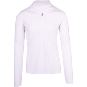 A white half zip mock neck jumper with long sleeves and a logo on the sleeve.