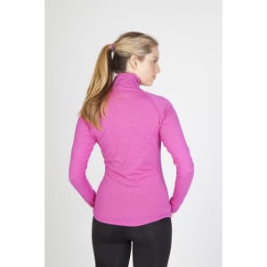 A women’s half zip mock neck shirt in vibrant pink, featuring a fitted design and a high collar.