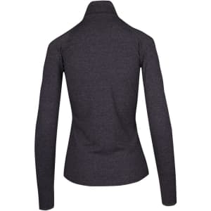 A dark grey women's half zip mock neck shirt with long sleeves and a fitted design. It features a branded logo.