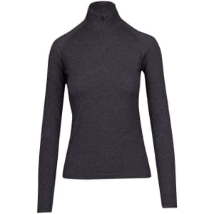 A long-sleeved, dark grey half-zip mock neck shirt with a fitted design and a small logo.