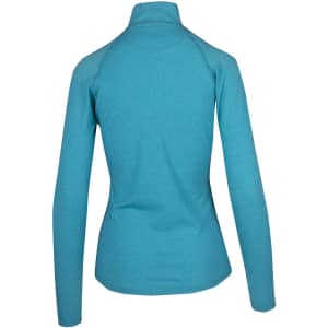 A turquoise long-sleeve half zip mock neck shirt with a fitted design and no visible logos.