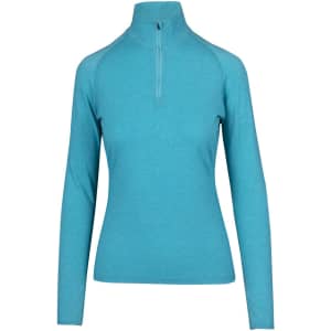 A women's half zip mock neck shirt in a vibrant turquoise colour with long sleeves and a fitted silhouette.