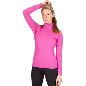A pink half zip mock neck shirt for women, featuring long sleeves and a fitted design. It has a logo.