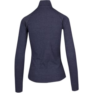 A navy women's half zip mock neck shirt featuring long sleeves and a fitted design, with a branding logo on it.