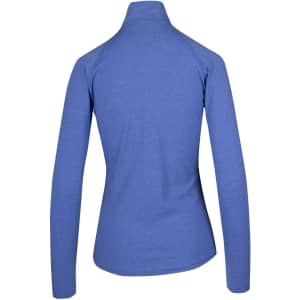 A blue women's half zip mock neck shirt with long sleeves and a fitted design, featuring a logo on the back.