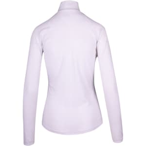 A white half-zip mock neck shirt with long sleeves and a fitted design, featuring a logo.