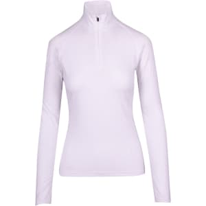 A white women's half zip mock neck shirt with long sleeves and a fitted design, featuring a logo.