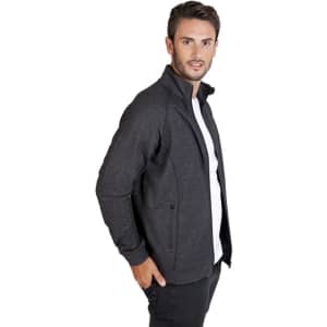 A men's heather jacket in dark grey, featuring a zip front and side pockets, presented on a model.