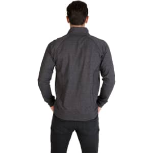 A man's heather jacket in dark grey, featuring a fitted design and a logo on the back.