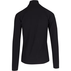 A black jacket with a high collar and long sleeves, featuring a logo on the back.