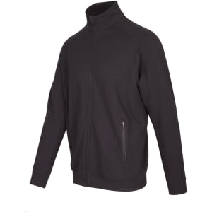 A men's heather jacket in black, featuring a full zip, high collar, and side pockets. Contains a logo.