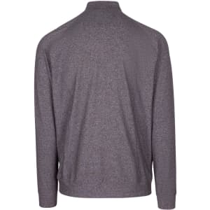 A heather grey jacket with long sleeves and a high collar, featuring a logo on the back.