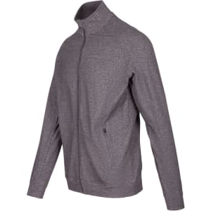 A grey men's jacket with a high collar and zip closure, featuring side pockets and a subtle textured design.