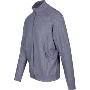 A heather grey jacket with a full zip, featuring side pockets and a high collar. It has a logo on the front.