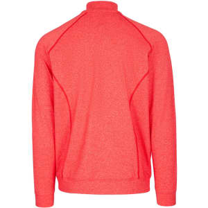 A men's jacket in heather red, featuring a high collar and raglan sleeves. The back design includes contrasting seam details.