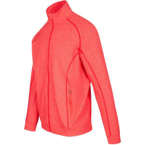 A men's heather jacket in bright coral, featuring a full zip and side pockets, with a logo on the front.