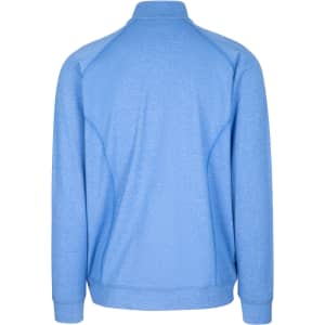 A blue heather jacket with a high collar and raglan sleeves, featuring a logo on the back.