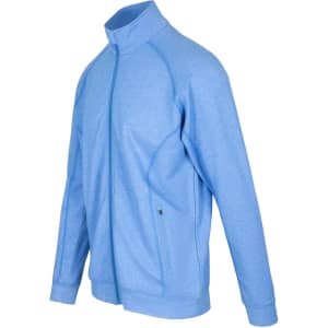 A blue heather jacket with a zip front and pockets, featuring a logo on one side.
