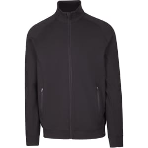 A black zip-up jacket with two front pockets and a high collar, featuring a logo on the chest.