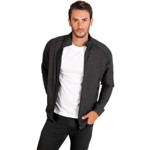 A men's heather jacket in dark grey, featuring a zip front and a fitted design with a branding logo.