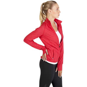 A red women's jacket with a zip front and long sleeves, featuring a logo. The model is standing in profile.