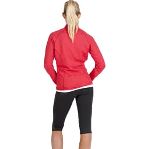 A red heather jacket with a fitted design, featuring a high collar and back view, paired with black leggings.