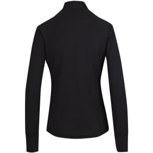A black jacket with a high collar and long sleeves, featuring a smooth back design and branding on the collar.