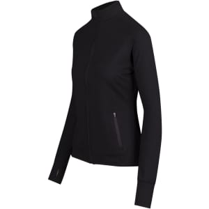A black women's jacket with a zip-up front, long sleeves, and side pockets, featuring a logo.