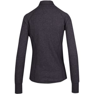 A dark heather grey women's jacket with long sleeves and a high collar. The back view shows a fitted design and stitching details.
