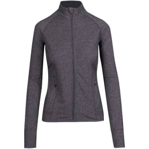 A women's heather jacket in grey, featuring a zip front and side pockets. The jacket has a subtle branding logo.