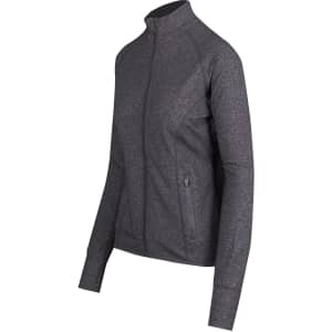 A women's grey heather jacket with a full zipper, featuring a fitted design and side pockets. It has a logo on the chest.
