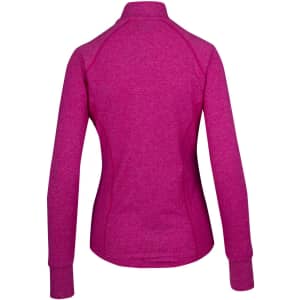 A women's jacket in heathered pink with a high collar and fitted design. Features long sleeves and a logo.