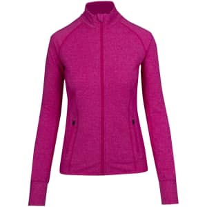 A pink heather jacket featuring a zip front, long sleeves, and pockets on the sides. It has a logo on the front.