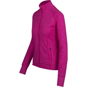 A pink heather jacket with a zip front, long sleeves, and side pockets, featuring a logo.