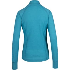 A teal women's jacket with a high collar and long sleeves, featuring a sleek design and fitted silhouette.