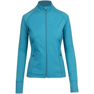 A women's jacket in a vibrant heather blue, featuring a zip front and fitted design. It includes a logo.