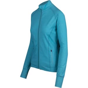 A teal jacket featuring a slim fit, zippered front, and long sleeves, with a logo on the side.