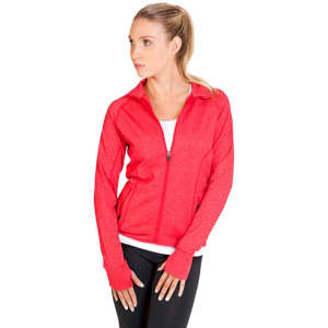 A red women's jacket with a zip, featuring long sleeves and a fitted style, has a logo on it.