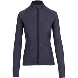 A navy blue women's jacket with a zip front, long sleeves, and two side pockets, featuring a logo.