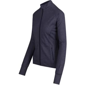 A women's heather jacket in dark navy with a zip front and side pockets. Features a logo on the design.