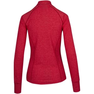 A heathered red women's jacket with long sleeves and a high collar, featuring a logo on the back.