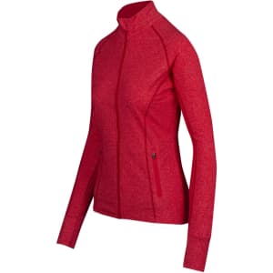 A red women's jacket with a zip front and long sleeves, featuring a fitted design and pockets.
