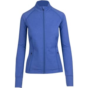 A blue heather jacket with a zippered front and a slim fit, featuring a logo on the left side.