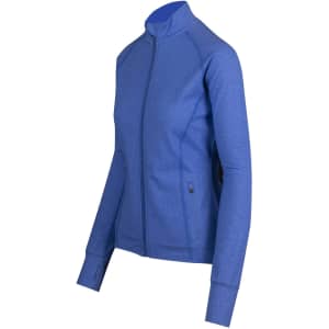 A blue heather jacket with a zip closure, long sleeves, and side pockets, featuring a logo on the chest.