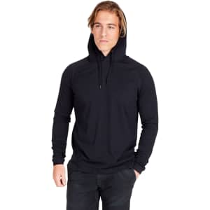 A black unisex FUSION T-shirt hoodie with a drawstring hood, made from a soft, sleek fabric.