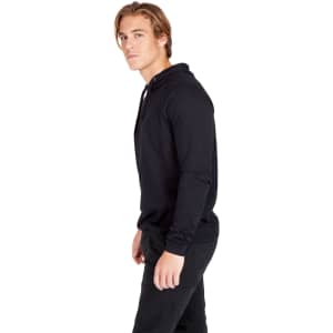 A black unisex hoodie with a front pocket and a drawstring hood, featuring a logo.
