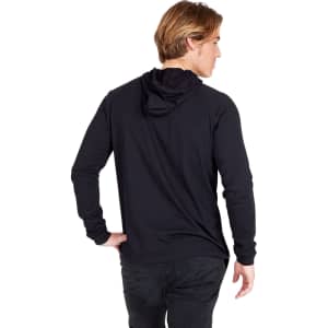 A black unisex hoodie featuring a hood and long sleeves, shown from the back. It has a logo on the design.