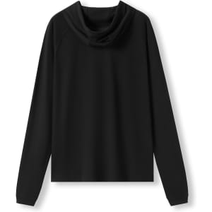 A black unisex FUSION T-shirt hoodie with a relaxed fit and hood at the back.